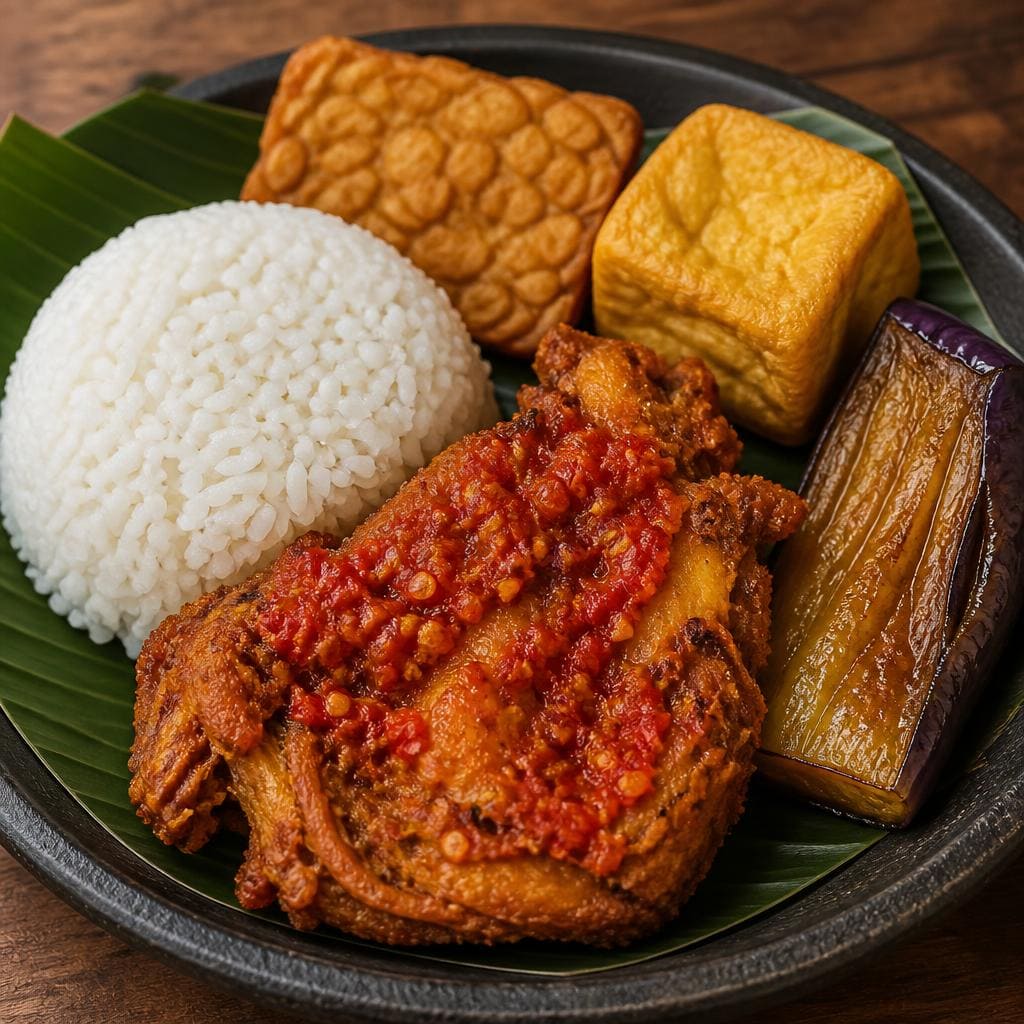Ayam penyet Warkop 88 dengan nasi ayam tahu tempe dan terong